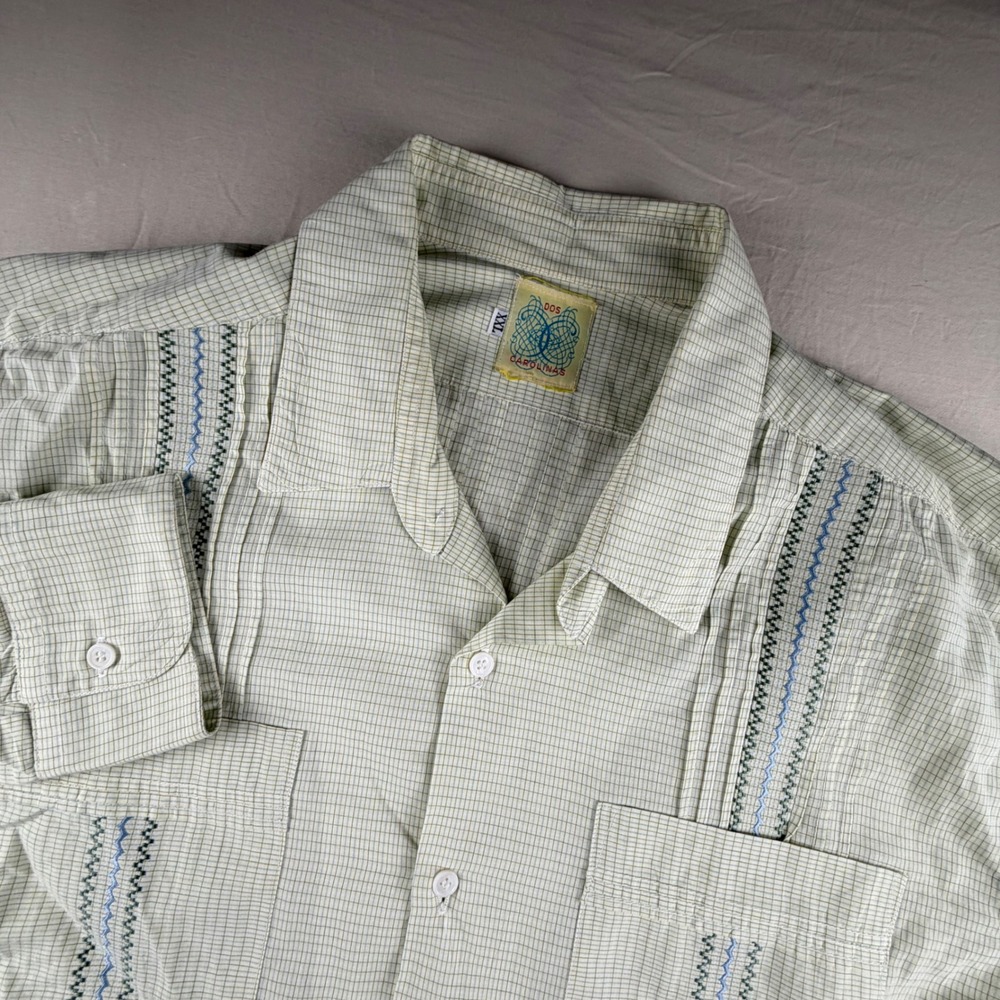 Dos Carolinas Guayabera Shirt Mens XXL Grn Blu Grid Long Sleeve Embroidered 0215